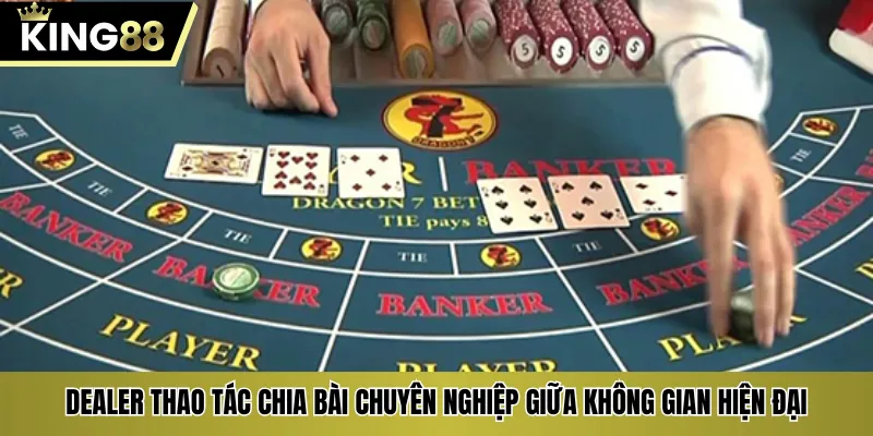 Dealer thao tác chia bài chuyên nghiệp giữa không gian hiện đại